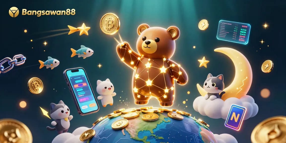 Bangsawan88 offers dynamic sports betting opportunities with visual elements of crypto coins and a magical atmosphere.
