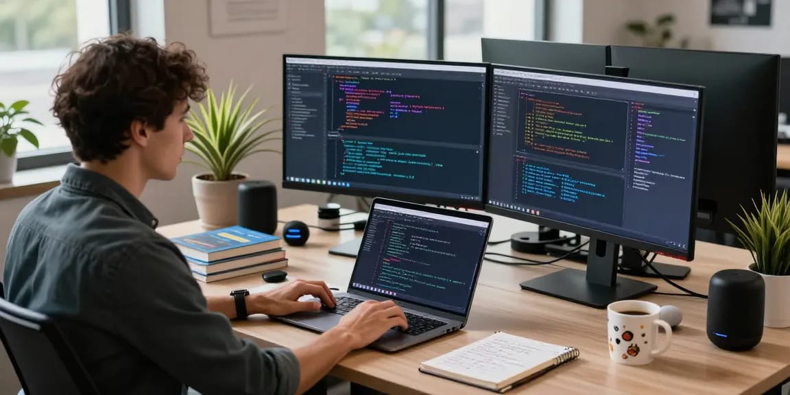Developer coding openclaw skills in a modern office setting with dual monitors and tech gadgets.
