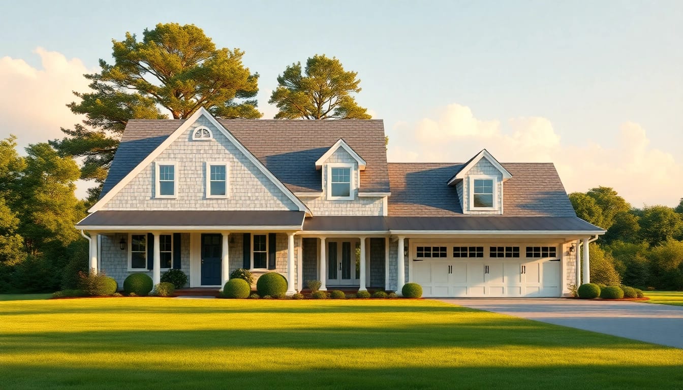Cape Cod homes featuring an elegant expansion with an attached garage amid a lush outdoor setting.