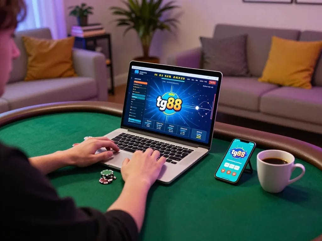 Playing online poker at home using tg88 app, immersive gaming atmosphere with laptop and coffee.