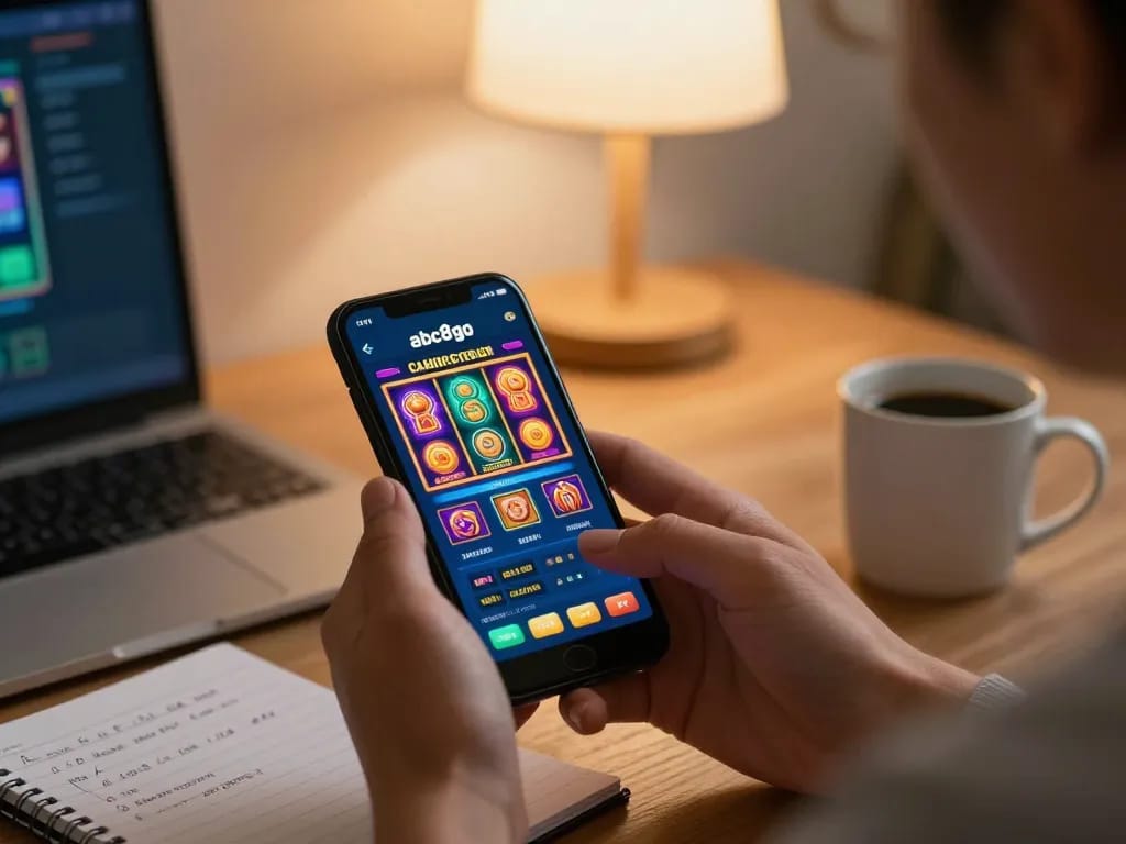 Person using the abc8go casino app on smartphone, showcasing online gaming strategy.