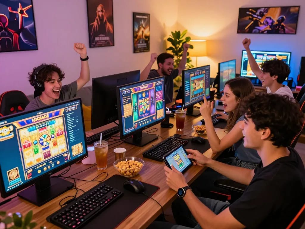Friends celebrating wins in a vibrant slot gacor gaming setup at home, showcasing joyful community interaction.