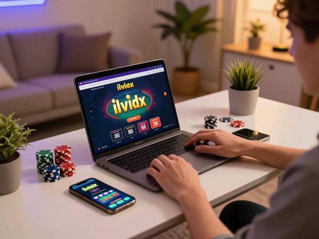 Engaging with the ilvidx online casino platform on a modern desk during a cozy night in.