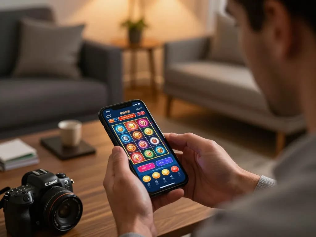 Player using iWin app on smartphone for exciting online casino gameplay.