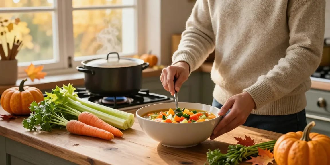 Ein dampfender Topf mit vegetarischer Suppe, gefüllt mit frischem Gemüse und Kräutern in einer gemütlichen Kücheneinstellung.
