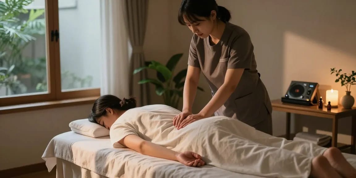 의왕출장안마 전문 마사지사가 편안한 환경에서 고객에게 마사지하고 있는 모습