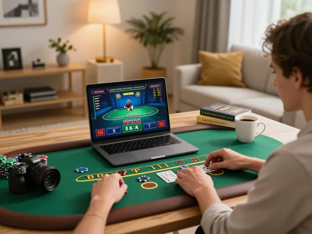 Engaged player using 58wiin platform for blackjack strategy at a modern home gaming setup.