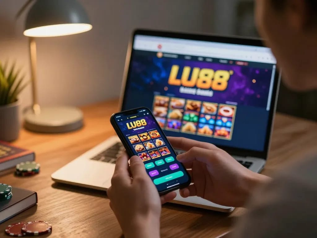 Engaging with the LU88 casino app on a smartphone, showcasing modern online gambling.