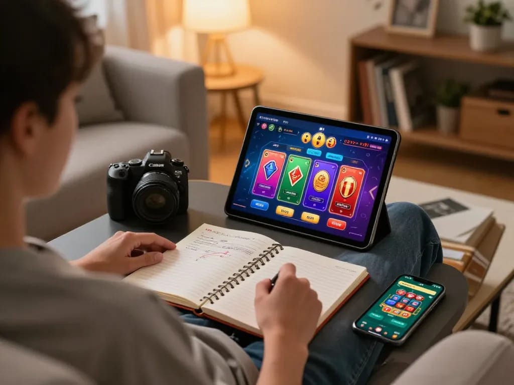 Player engaging in online casino gaming on the trang chủ dn88 platform, showcasing a cozy home setup with strategic notes.