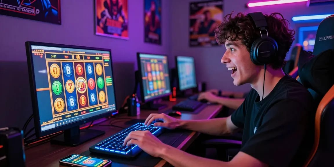 Exciting online gaming atmosphere with a player engaged in slot depo 5k game on a laptop amidst vibrant gaming elements.