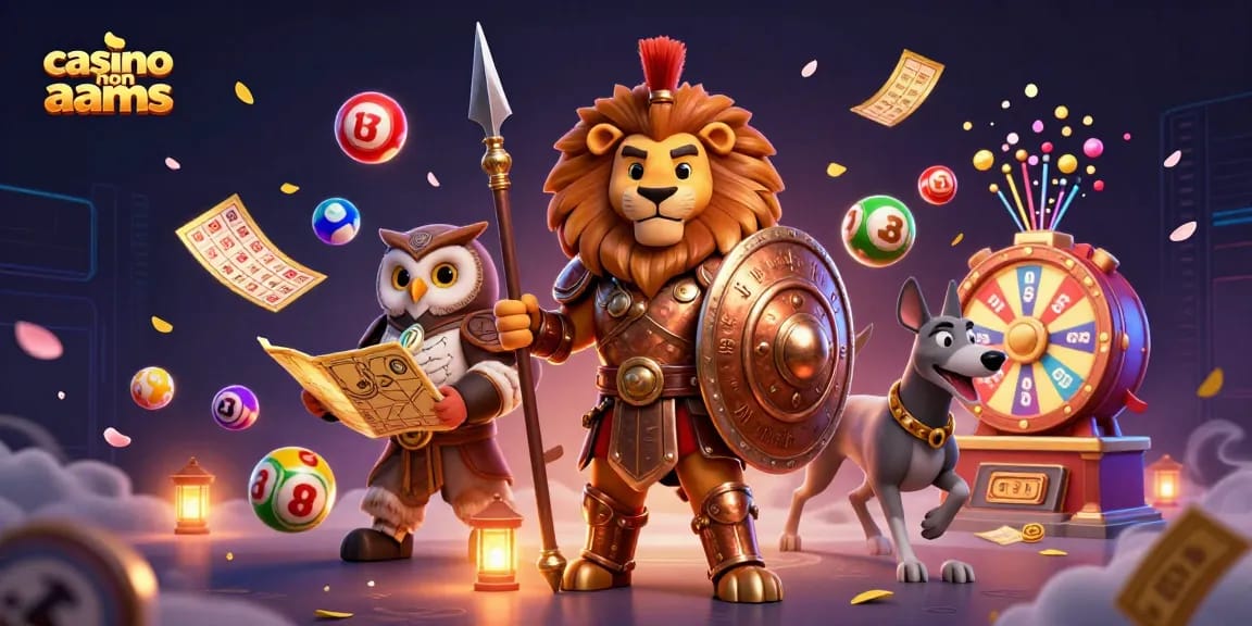 Scopri il mondo dei casino non AAMS con un leone spartano eroico, mentre palloni, carte e premi volano attorno.