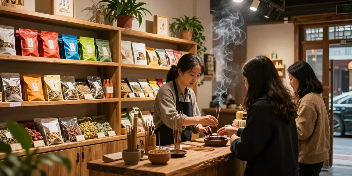 Herbal incense display at incense-high-com shop, vibrant products and welcoming atmosphere