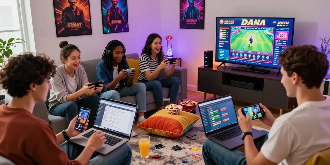 Players celebrating a win on slot dana game in a cozy gaming setup.