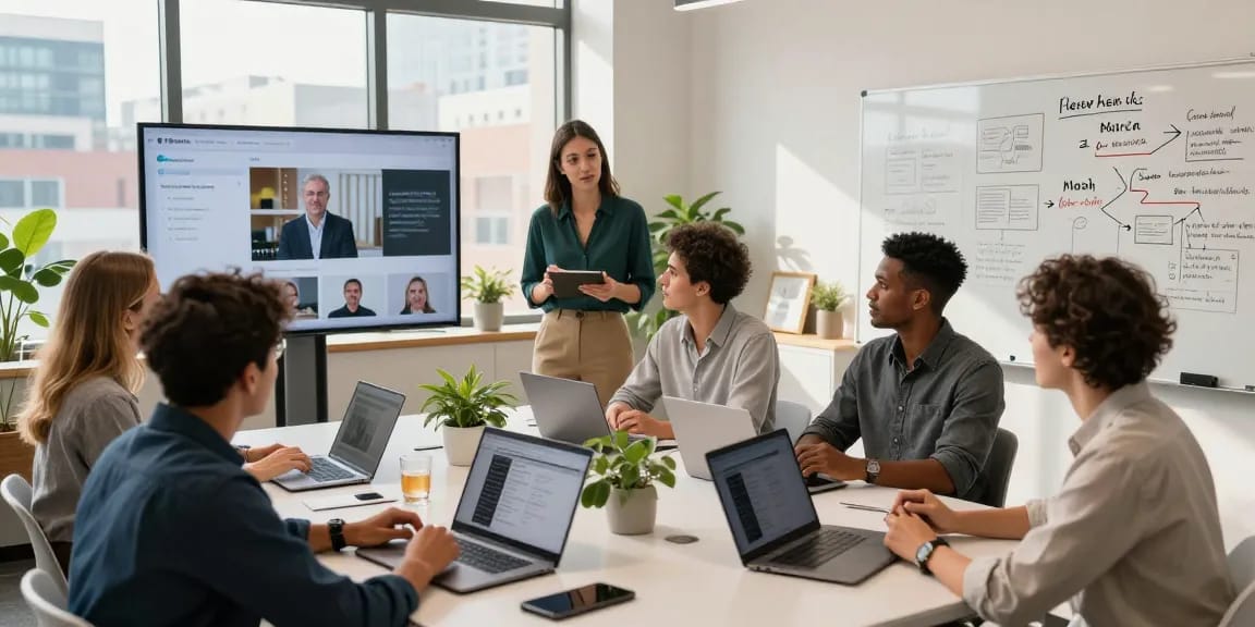 Networking between companies and contractors showcasing profiles in a modern office.