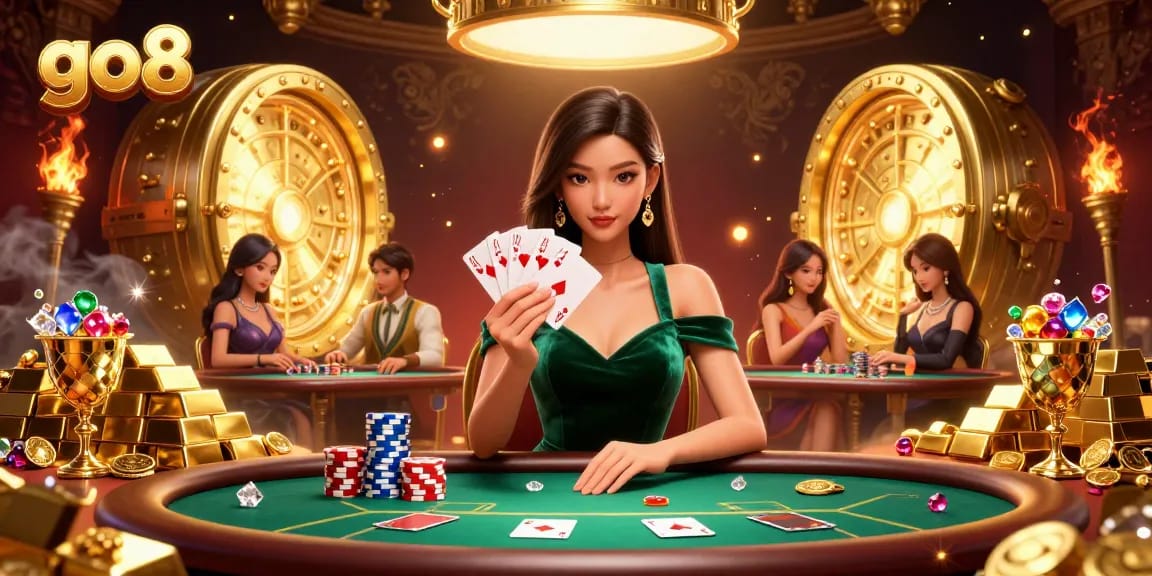 Bet big at go8 with a beautiful Asian woman expertly holding poker cards at a luxury table.