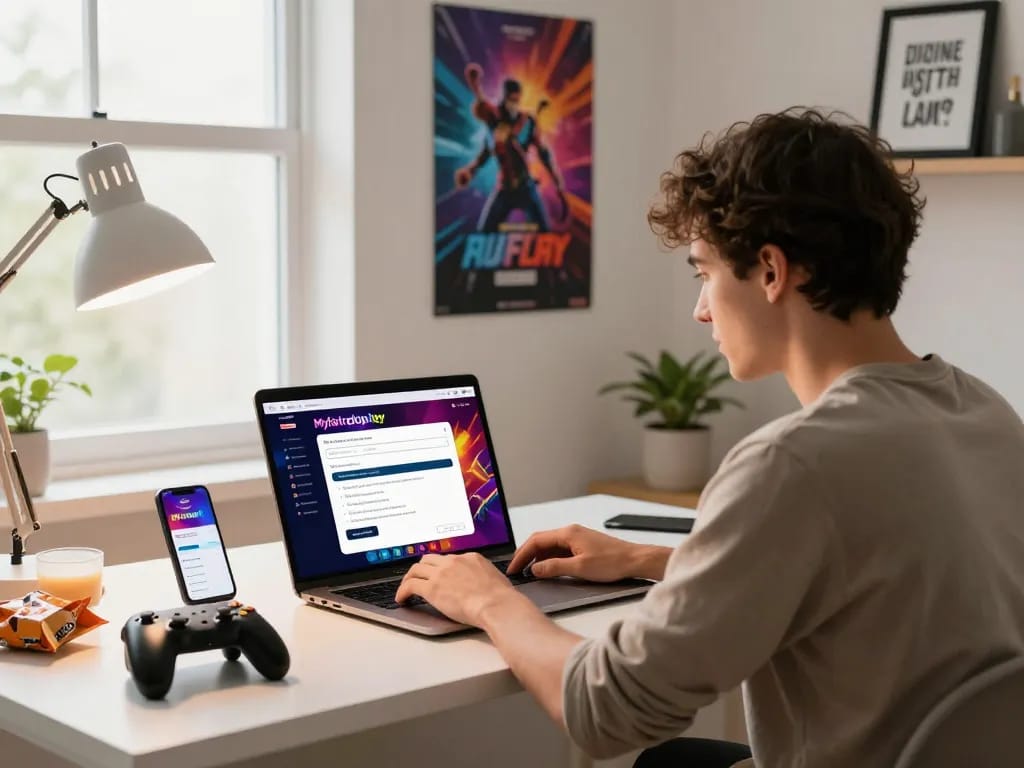 Myfairplay registration on a laptop in a vibrant home office setup with gaming elements and a lively atmosphere.