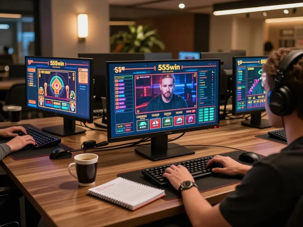 Player strategizing while engaging with 555win online casino games at home