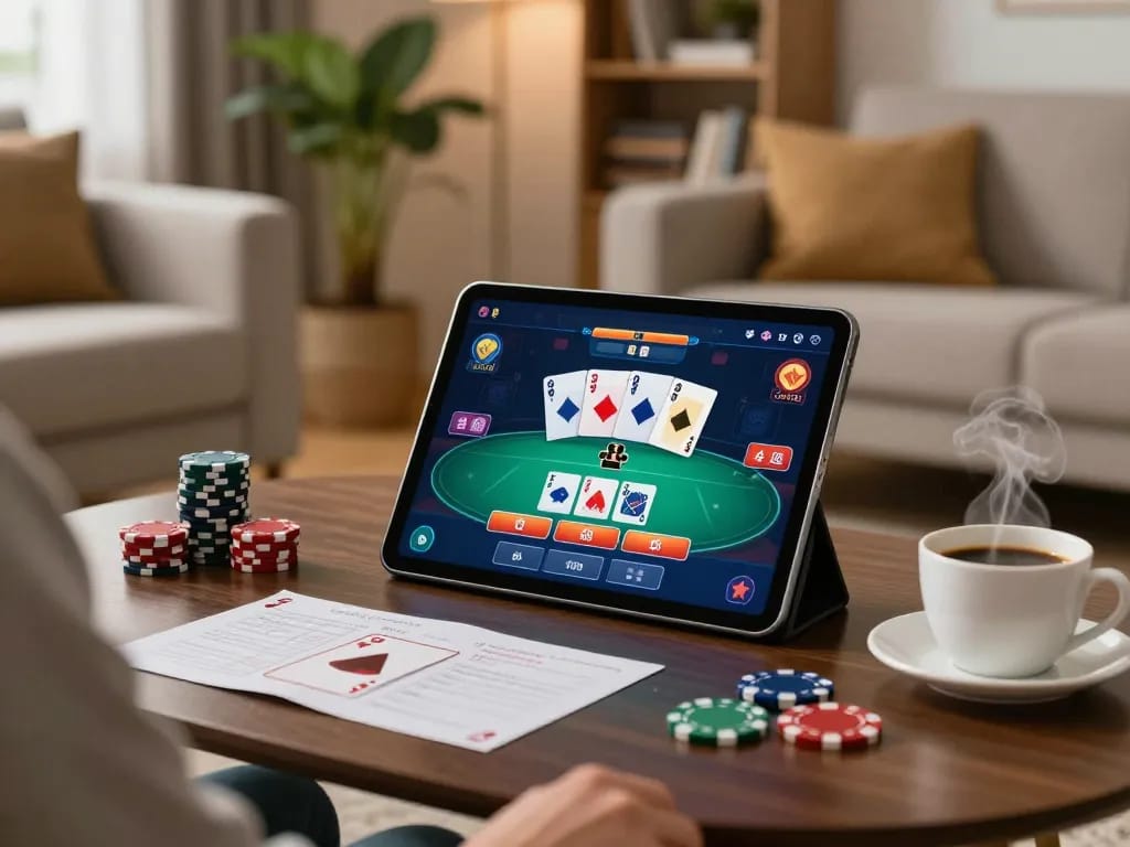 Player enjoying ALO8 online casino on tablet in a cozy home setting with strategic notes