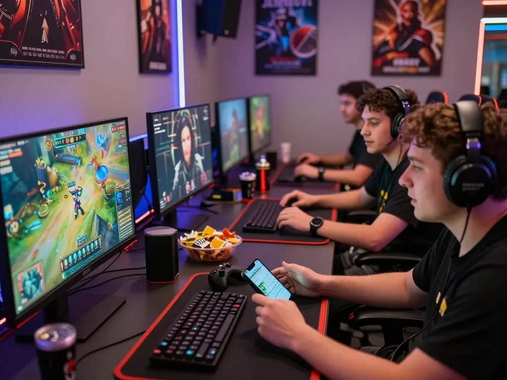 Engaged players in a vibrant MM88 online gaming setup with dynamic visuals and competitive atmosphere.