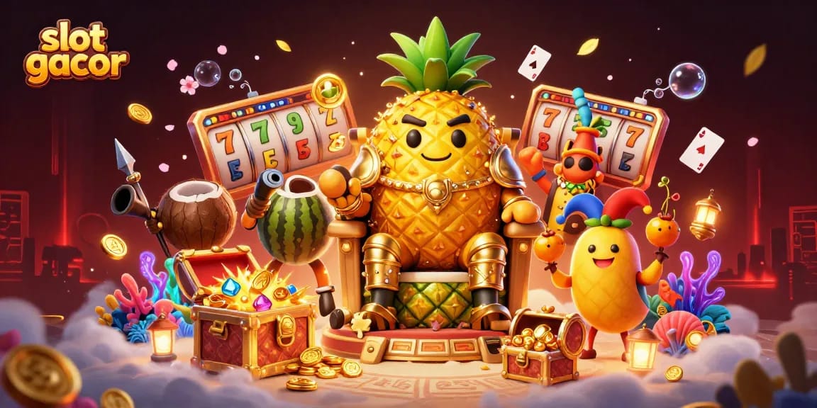 Experience thrilling moments of slot gacor adventures with a dazzling 3D scene featuring a golden pineapple king and vibrant casino elements.