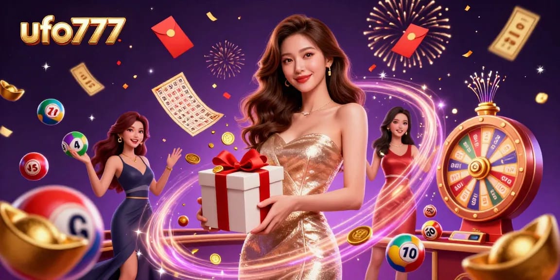 Play exciting games and win with ufo777 in this vibrant casino illustration filled with lottery elements.