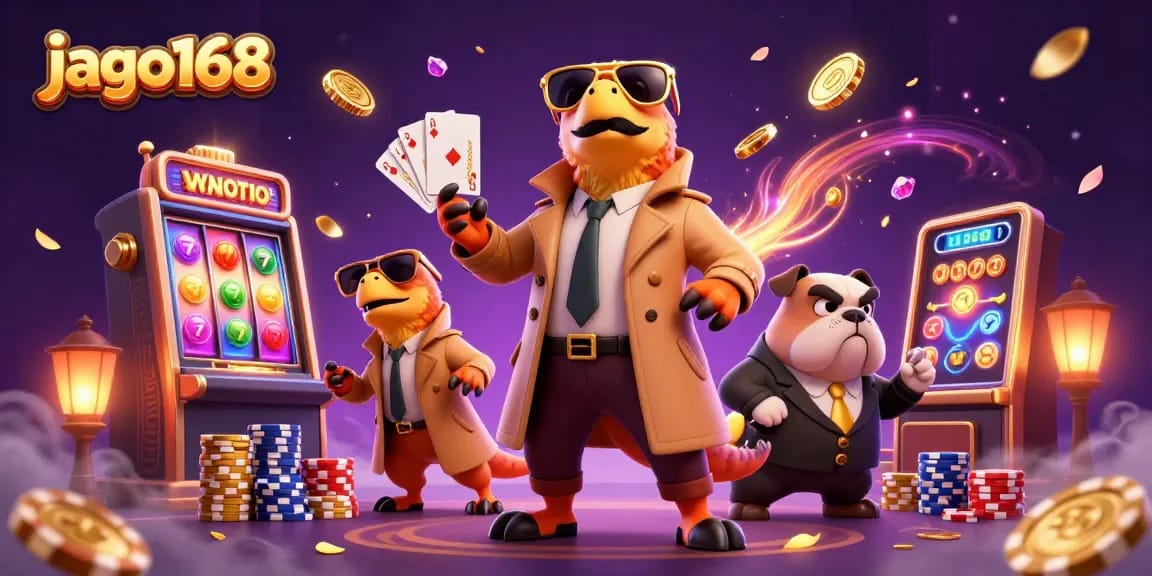 Enjoy thrilling adventures on jago168 with cartoon raptors and casino elements under a vibrant sky.