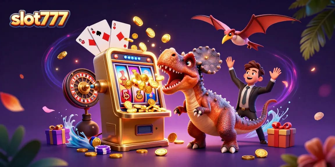 Experience the thrill of slot777 with a vibrant casino scene featuring energetic characters and slot game elements.