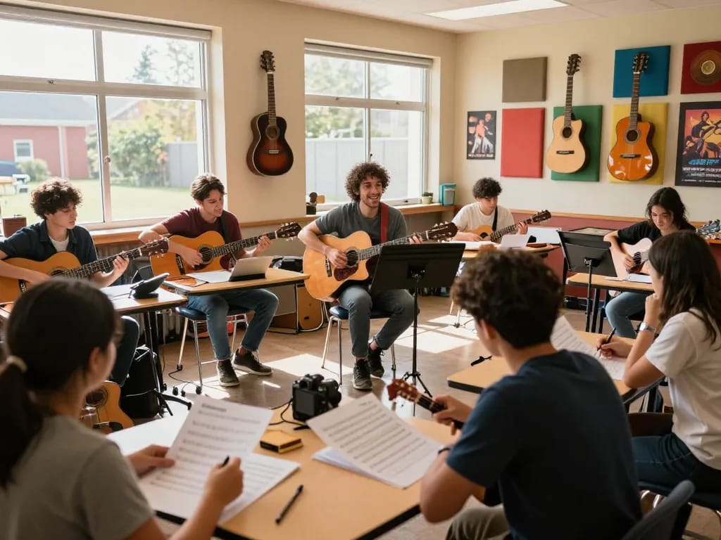 明るい教室で大人がギターを学ぶ魅力的な音楽教室のシーン。