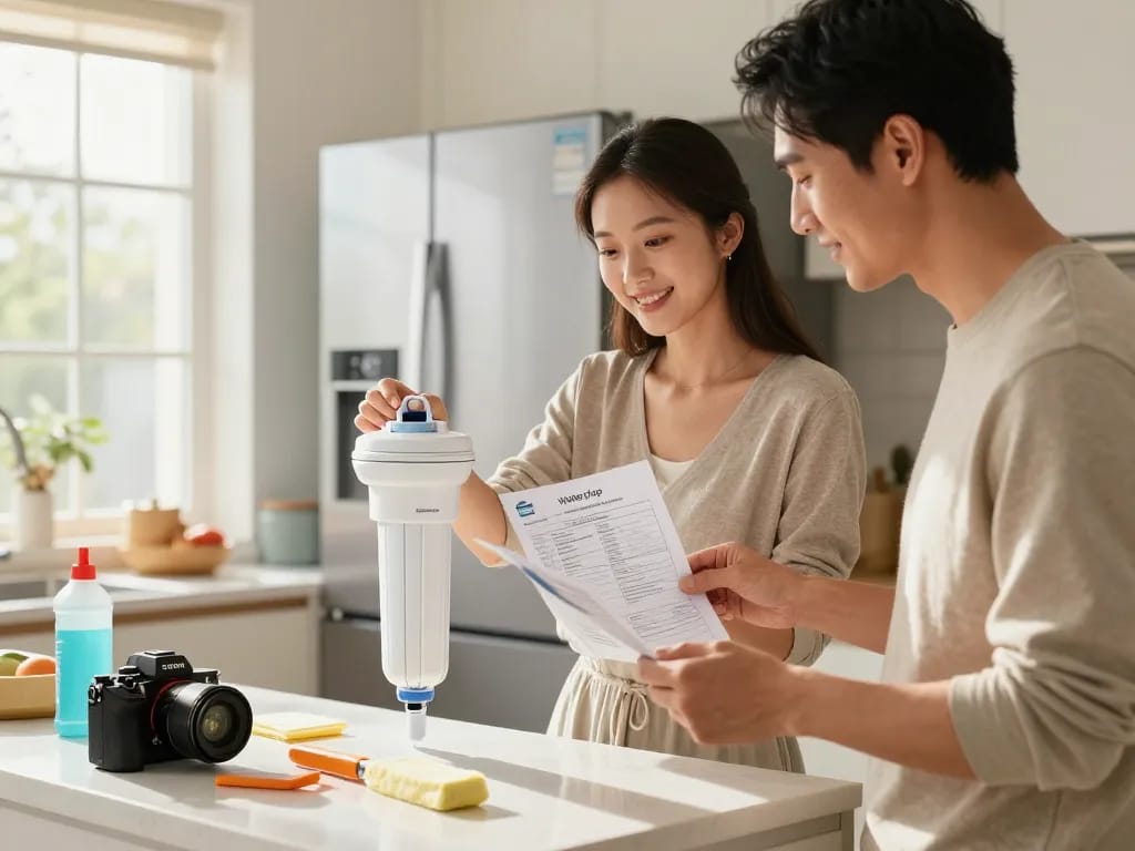 Couple replacing the Waterdrop BORPLFTR50 Replacement for Bosch® Ultra Clarity® Pro 11032531 filter in a modern kitchen, enhancing water quality.