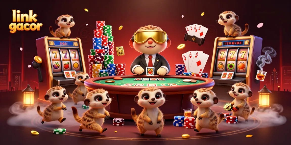 Win big with link gacor at our vibrant casino scene featuring playful meerkats and dynamic slots!