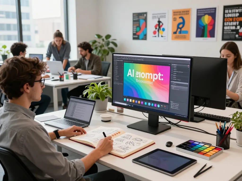 Creative workspace showcasing image to prompt ai tool, designer engaging with AI in vibrant studio