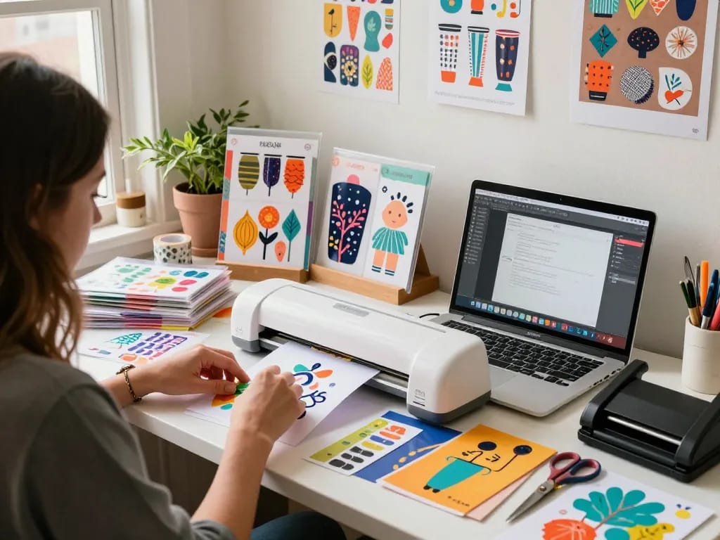 Crafting workspace showcasing Cricut SVG bundle designs with colorful projects and tools in action.