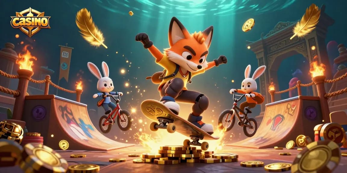 Skateboarding fox performing tricks in a vibrant casino-themed scene filled with dynamic elements.