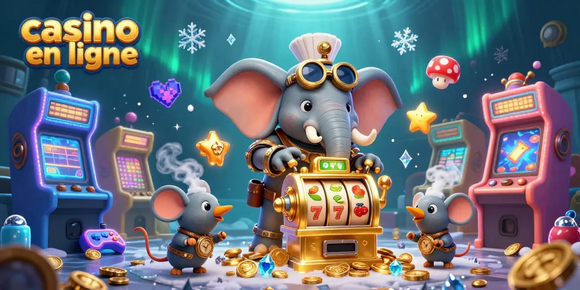 Jouez à des jeux de casino en ligne avec un éléphant steampunk sur une machine à sous dorée.