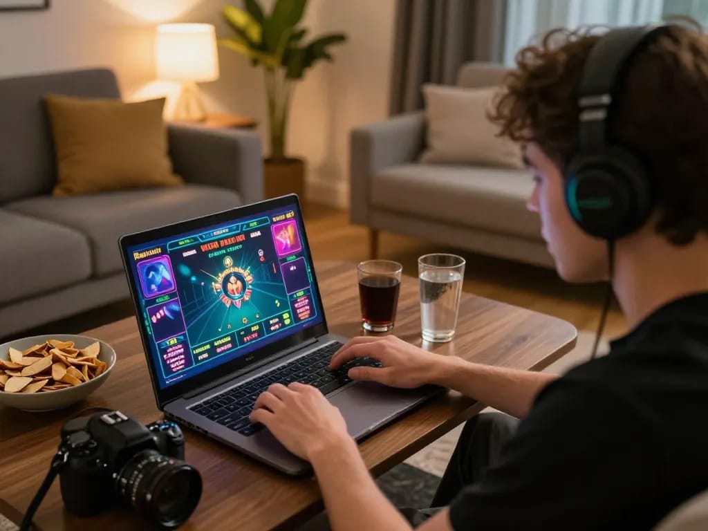 Player immersed in Fabet casino gameplay on laptop in cozy living room, highlighting strategic moments