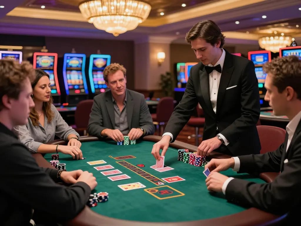 Thabet blackjack players strategizing as the dealer shuffles cards, showcasing dynamic gameplay