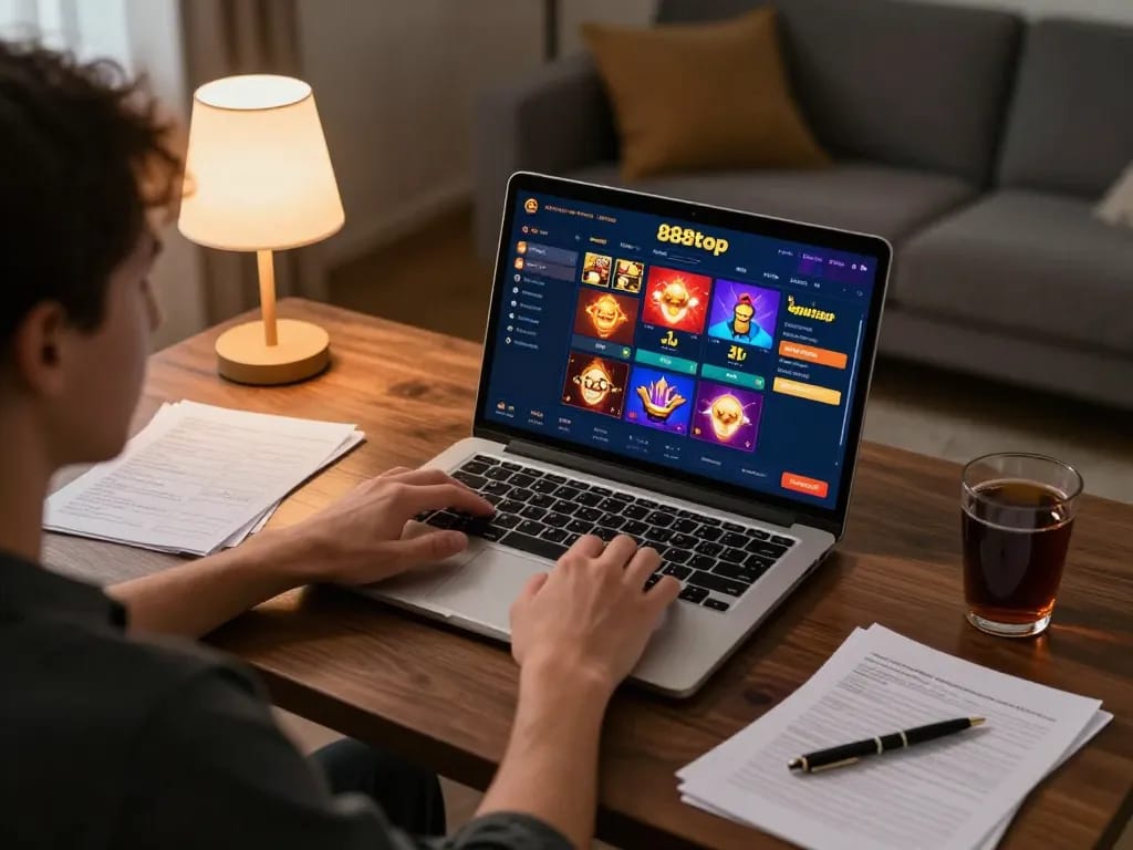 Engaging in online gaming with 888top on a laptop, portraying a cozy and responsible gambling atmosphere.