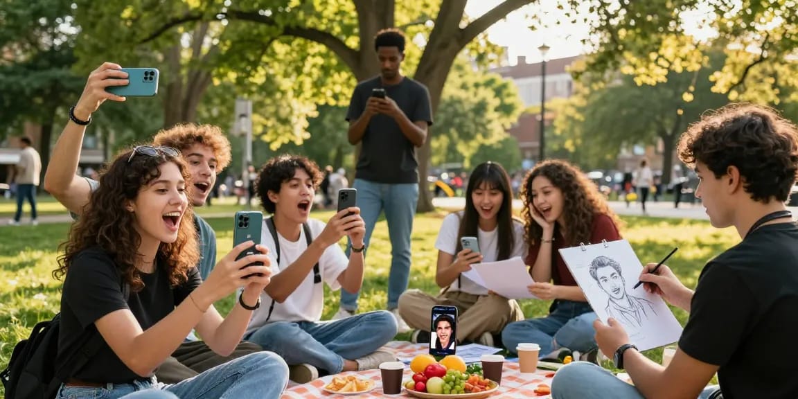 Young adults using smartphones to discover who they look like celebrities in a vibrant urban park.