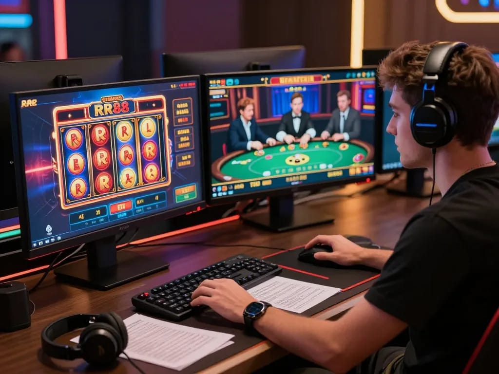 Engaged player mastering RR88 online slots and poker in a vibrant gaming setup.