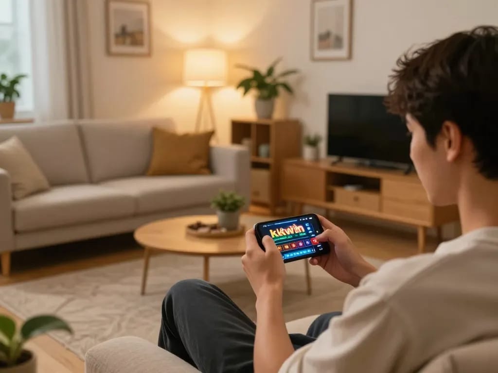 Player using the kkwin app on smartphone in relaxed home setup, emphasizing casual gambling.