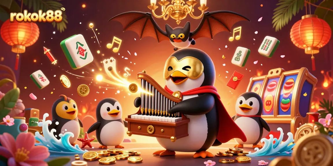 Experience the excitement of rokok88 with vibrant slot reels and golden coin bursts in a captivating illustration.
