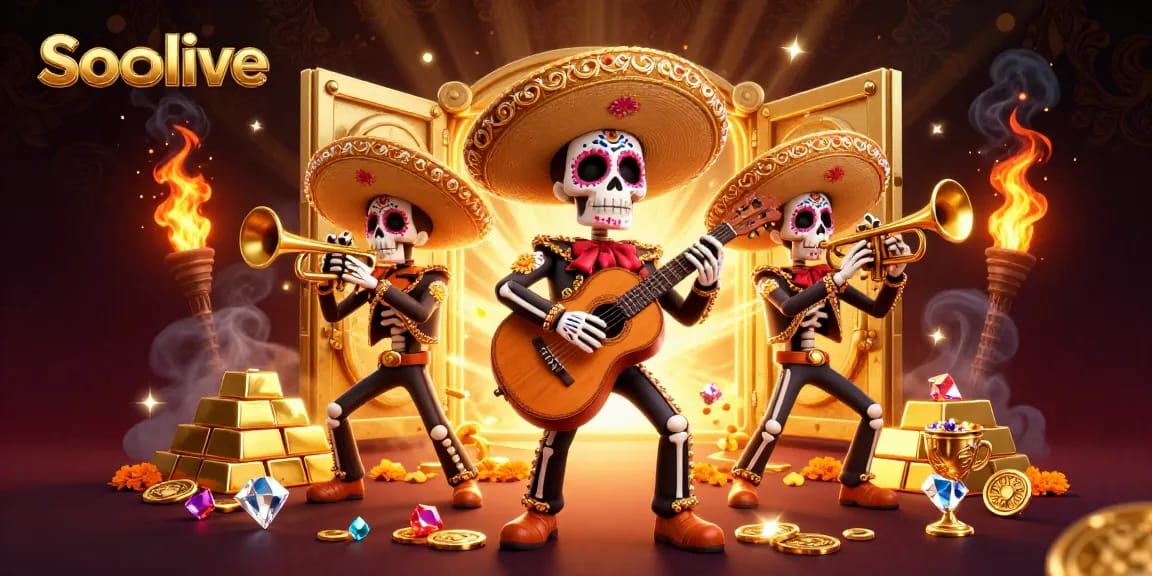 Socolive showcases a vibrant mariachi band amidst an explosion of riches and casino elements.