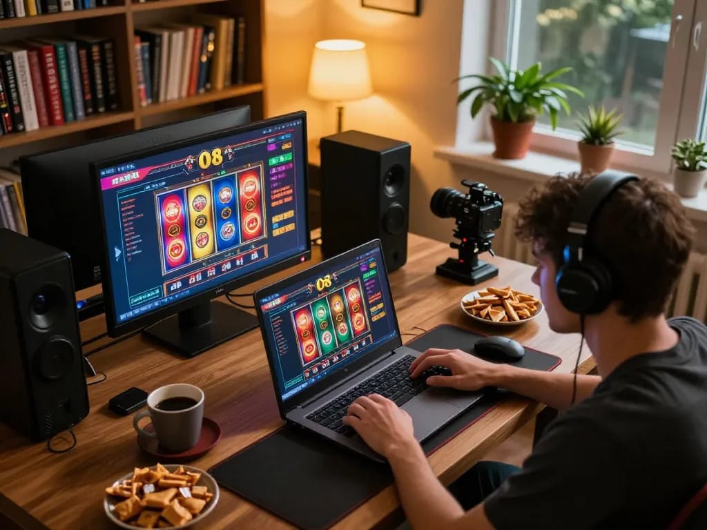 Player engaging with O8 online casino interface, immersed in gaming strategy at home.