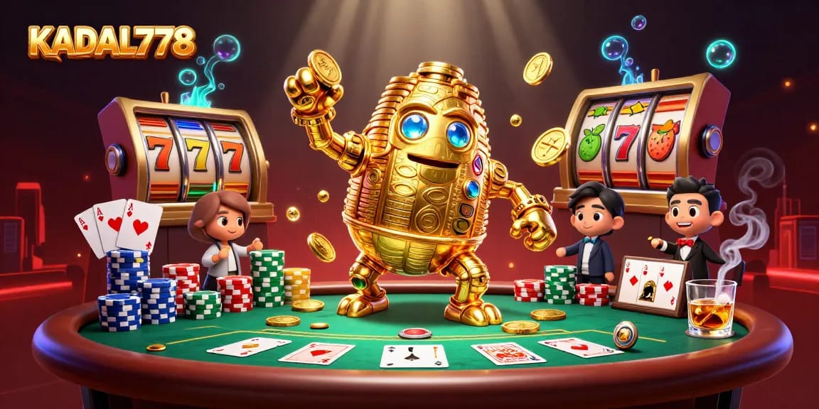 KADAL778 showcases vibrant slot machine action with a golden golem and poker elements in a dynamic casino scene.