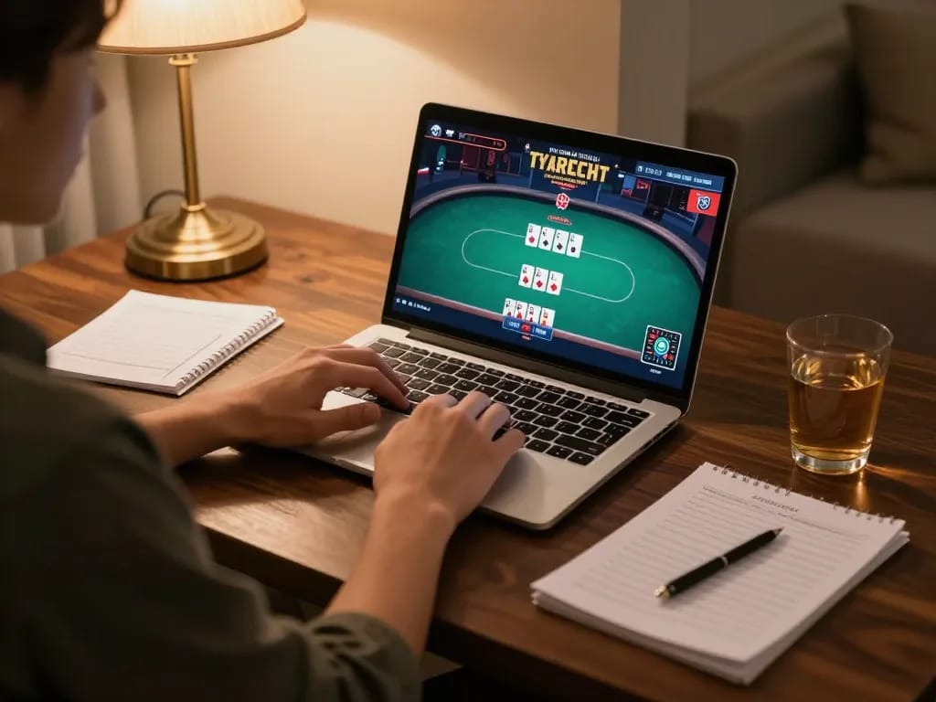 Engaged in online poker gameplay on Go88 in a comfortable home setup with strategy notes.