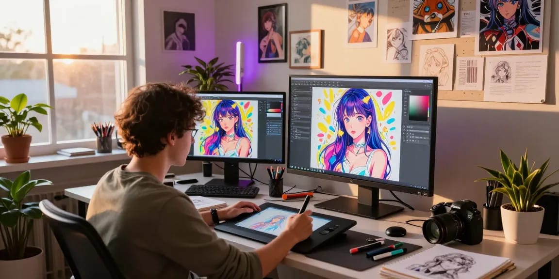 Creating stunning ai ecchi illustrations in a vibrant art studio.
