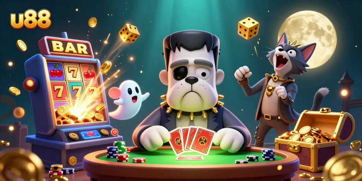 u88 game scene with a Frankenstein bulldog dealing cards in a casino atmosphere, surrounded by slot machines and gold