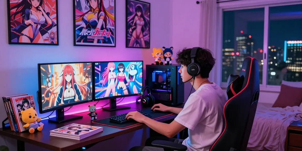 Immersive hentai game setup showcasing a focused gamer surrounded by anime art and gaming accessories at night.