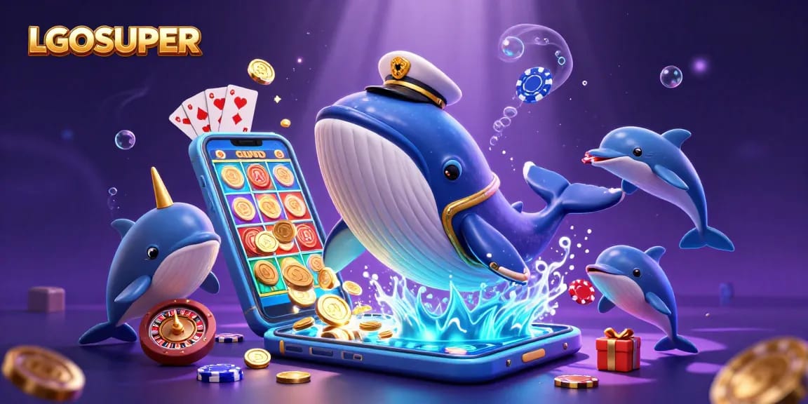 Engage with LGOSUPER's thrilling adventure featuring a whale, narwhal, and dolphins in a vibrant casino setting.
