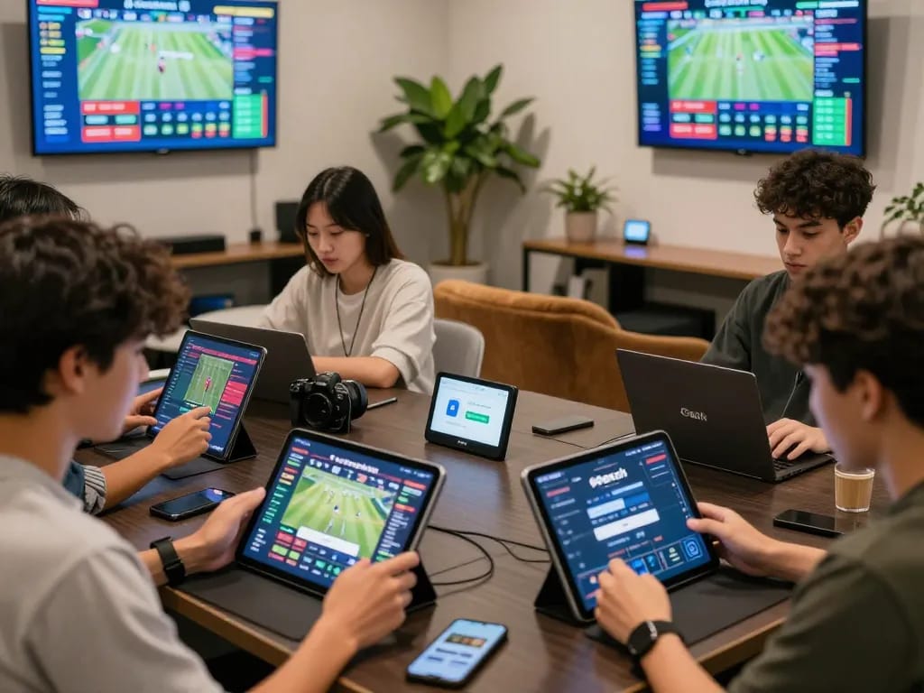 Users accessing 99exch login on digital devices in a modern lounge, showcasing excitement and engagement.